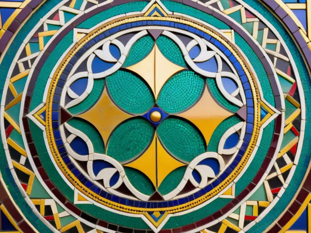 Detalle impresionante de restauración de mosaico antiguo con patrones geométricos y colores vibrantes, resaltando la herencia árabe