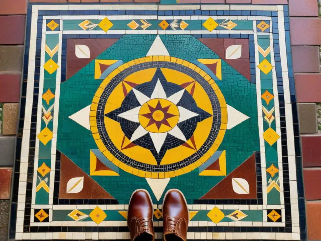 Detalle de un impresionante suelo de mosaico grecorromano con patrones geométricos y colores vibrantes, reflejando la influencia del diseño interior greco romano en la elegancia atemporal de la artesanía antigua