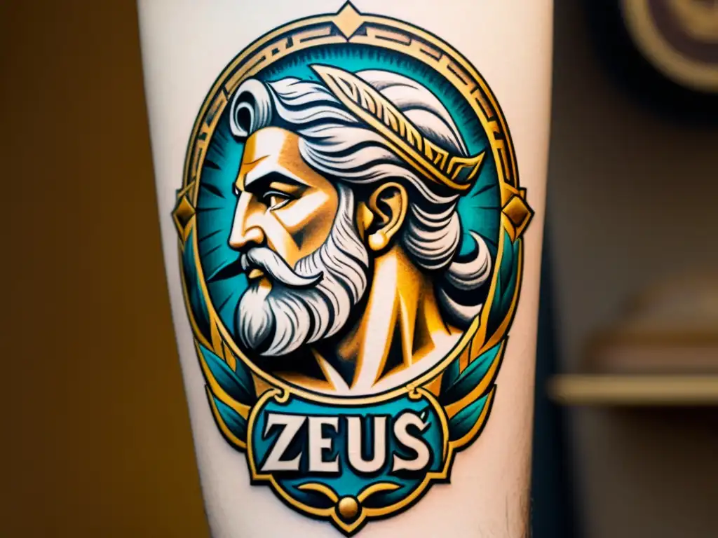 Detalle impresionante de tatuaje vintage de Zeus con motivos GrecoRomanos en tatuajes modernos