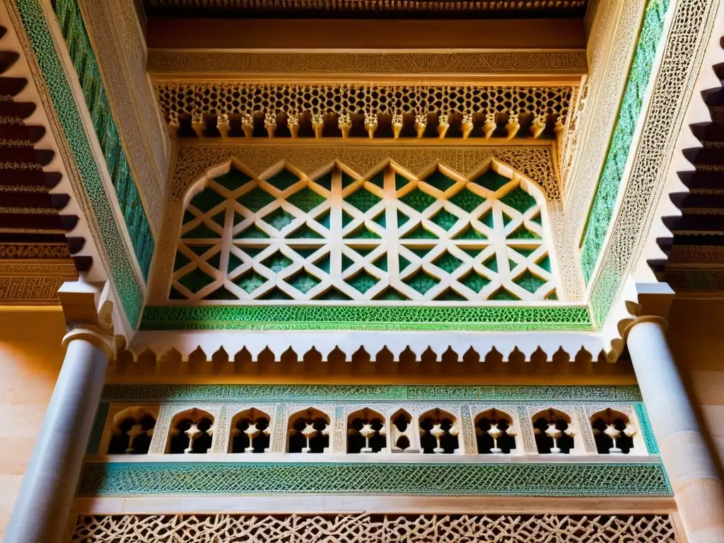 Detalle de los impresionantes patrones islámicos de la Alhambra en Granada, una obra maestra de diseño y artesanía en colores vibrantes