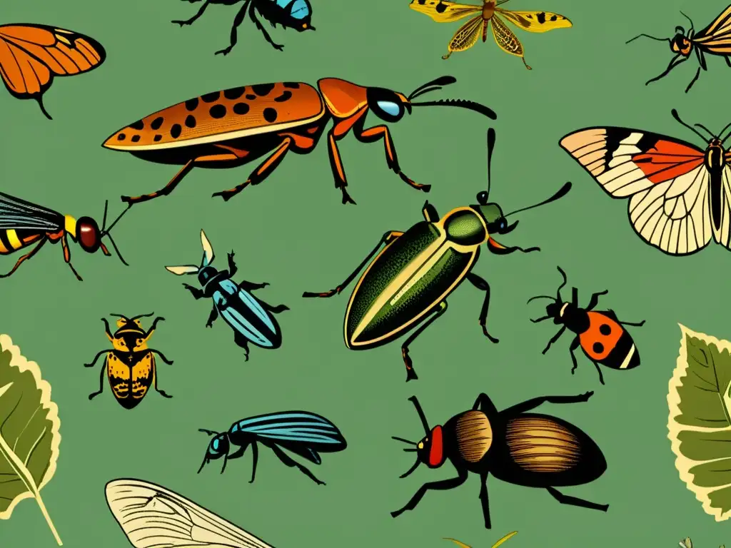 Detalle de ilustración vintage de insectos camuflados en su entorno natural, evocando patrones artísticos en imitación de insectos