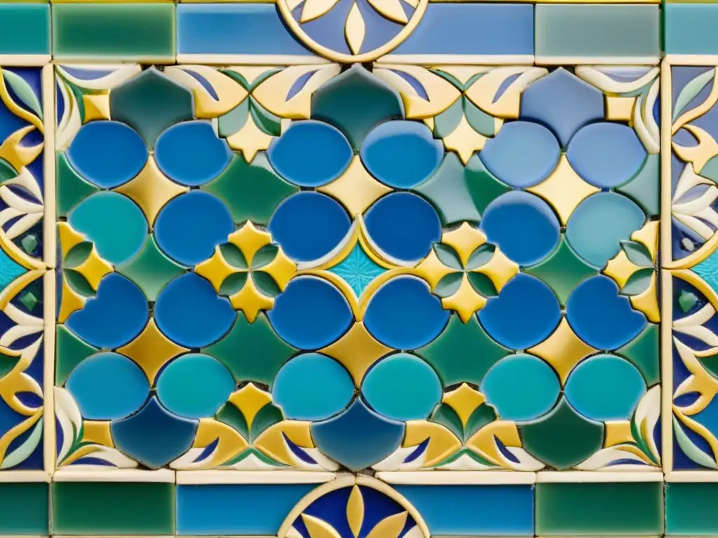 Detalle de un intrincado mosaico árabe en vibrantes tonos de azul, verde y oro