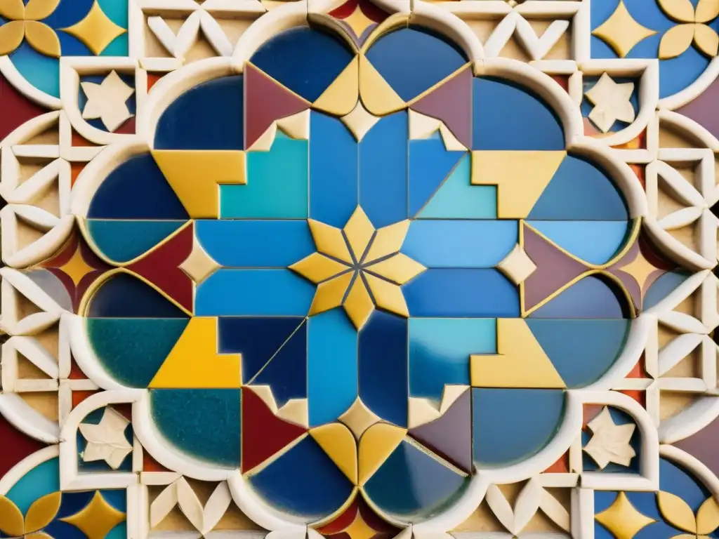 Detalle de un intrincado mosaico vintage de la Alhambra en España, con patrones complejos en tonos vibrantes de azul, rojo y oro