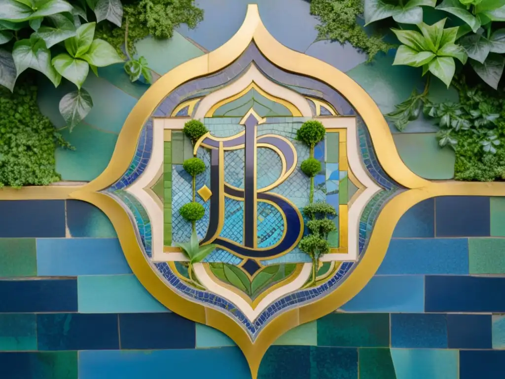 Detalle de mosaico árabe con intrincados diseños en azul, verde y dorado, sobre una pared de piedra envejecida cubierta de musgo y hiedra