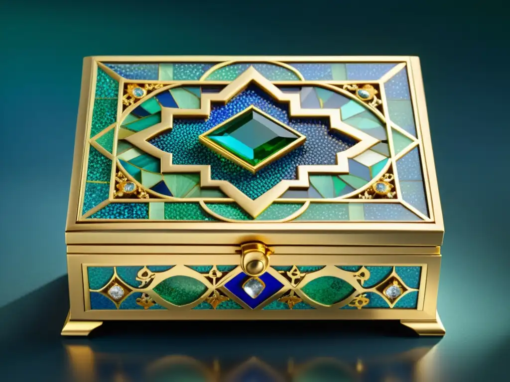 Detalle de una joyería artística con mosaicos árabes en vibrantes colores azules, verdes y dorados, exudando elegancia atemporal