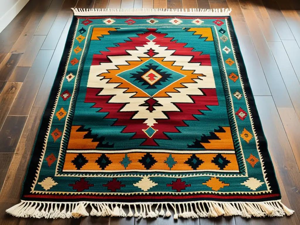 Detalle de un kilim turco con patrones vibrantes sobre suelo de madera envejecida