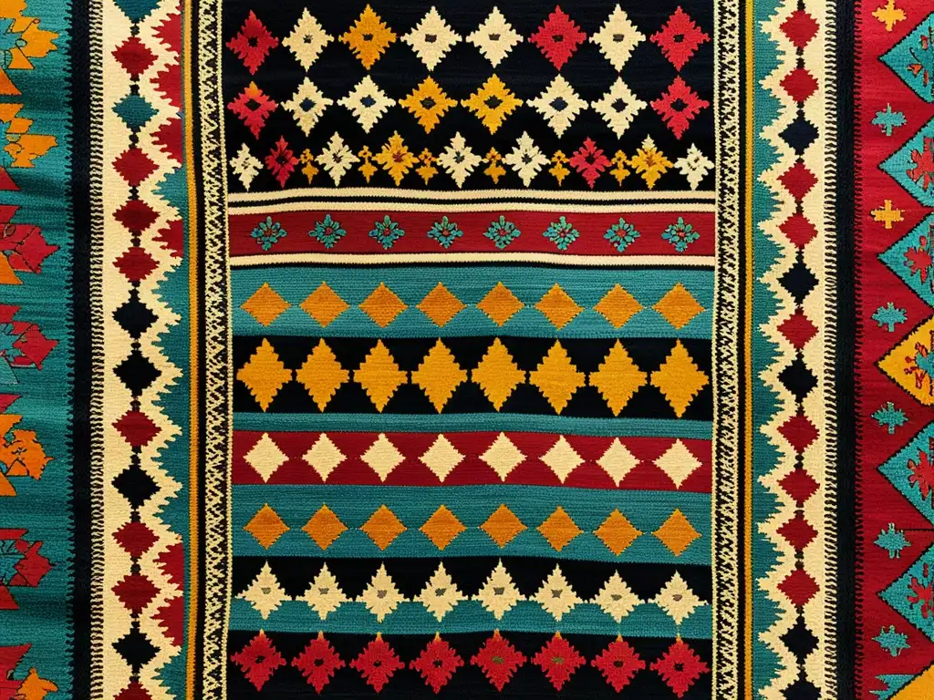 Detalle de un kilim turco tejido con patrones vibrantes y delicados, resaltando la artesanía y la rica historia cultural