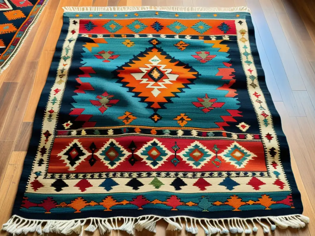 Detalle de un kilim turco vintage con patrones geométricos y colores vibrantes, reflejando la artesanía y diseño de patrones turcos