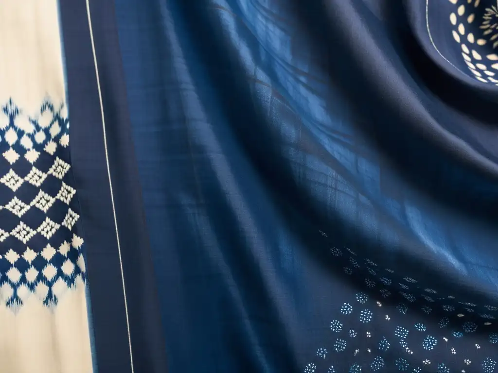 Detalle de un kimono índigo vintage con patrones shibori, mostrando técnicas tradicionales de teñido shibori y elegancia atemporal