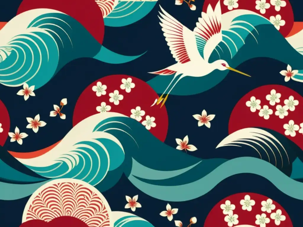 Detalle de tela de kimono japonés con patrones artísticos y colores vibrantes, reflejando la belleza de la cultura japonesa