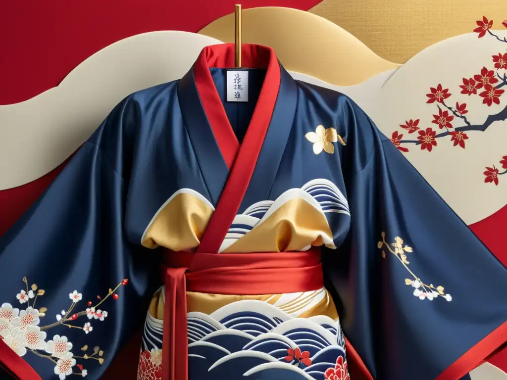 Detalle de kimono japonés con patrones de cerezos y olas en rojo, oro y azul, en contraste con interior modernista