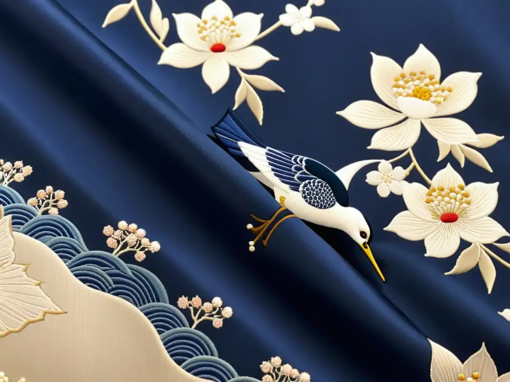 Kimono japonés de seda: elegancia atemporal Detalle de un kimono japonés de seda índigo con patrones de grullas, cerezos y agua