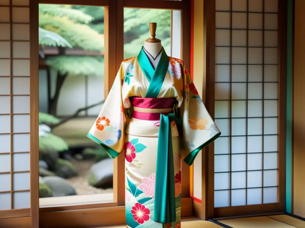 Kimono japonés vintage: colores y patrones tradicionales Detalle de un kimono japonés tradicional con patrones coloridos y significado cultural