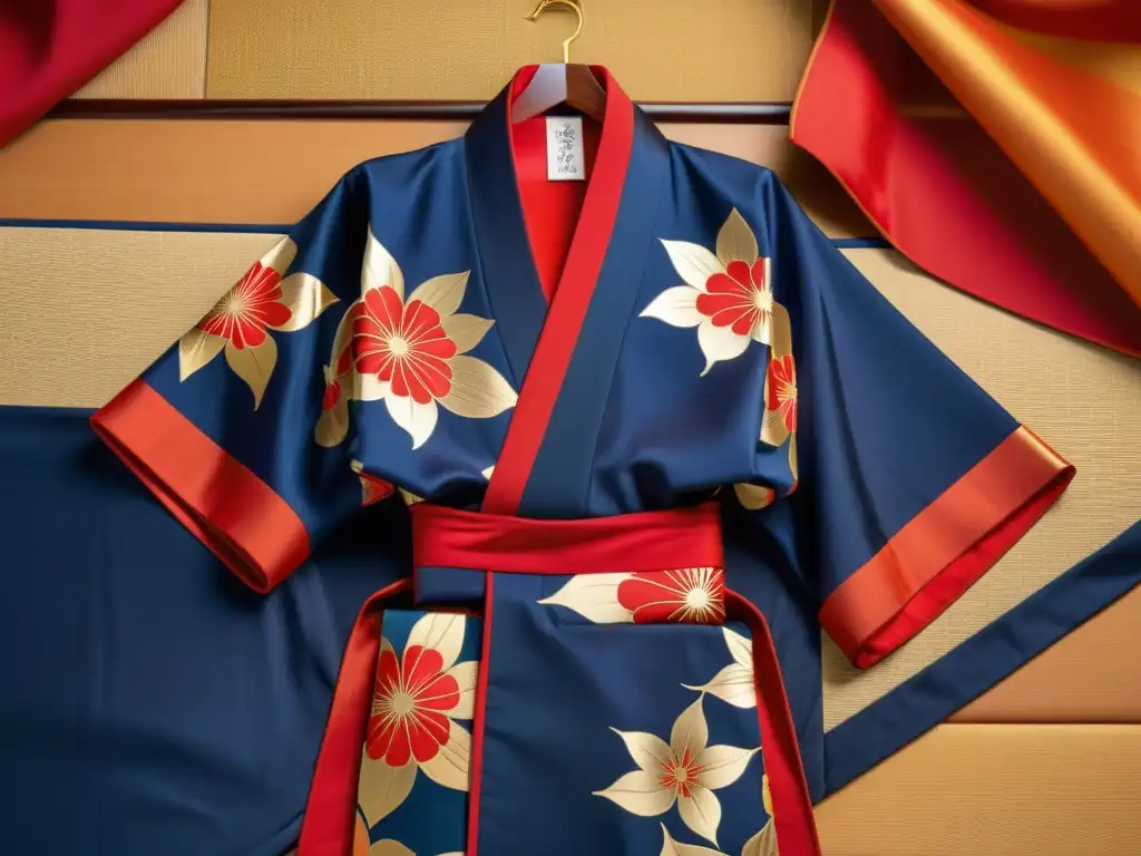 Detalle de un kimono vintage con patrones icónicos de la moda japonesa, en colores vibrantes y elegante artesanía tradicional