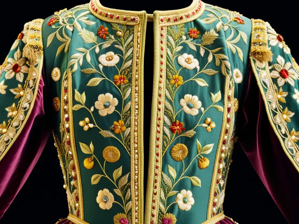 Detalle de un lujoso vestido francés del siglo XVI con patrones históricos, bordados y tonos joya, evocando la elegancia de la moda actual