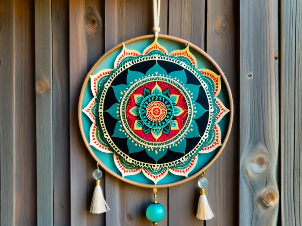 Detalle de un mandala móvil vintage en madera envejecida, evocando tranquilidad y arte