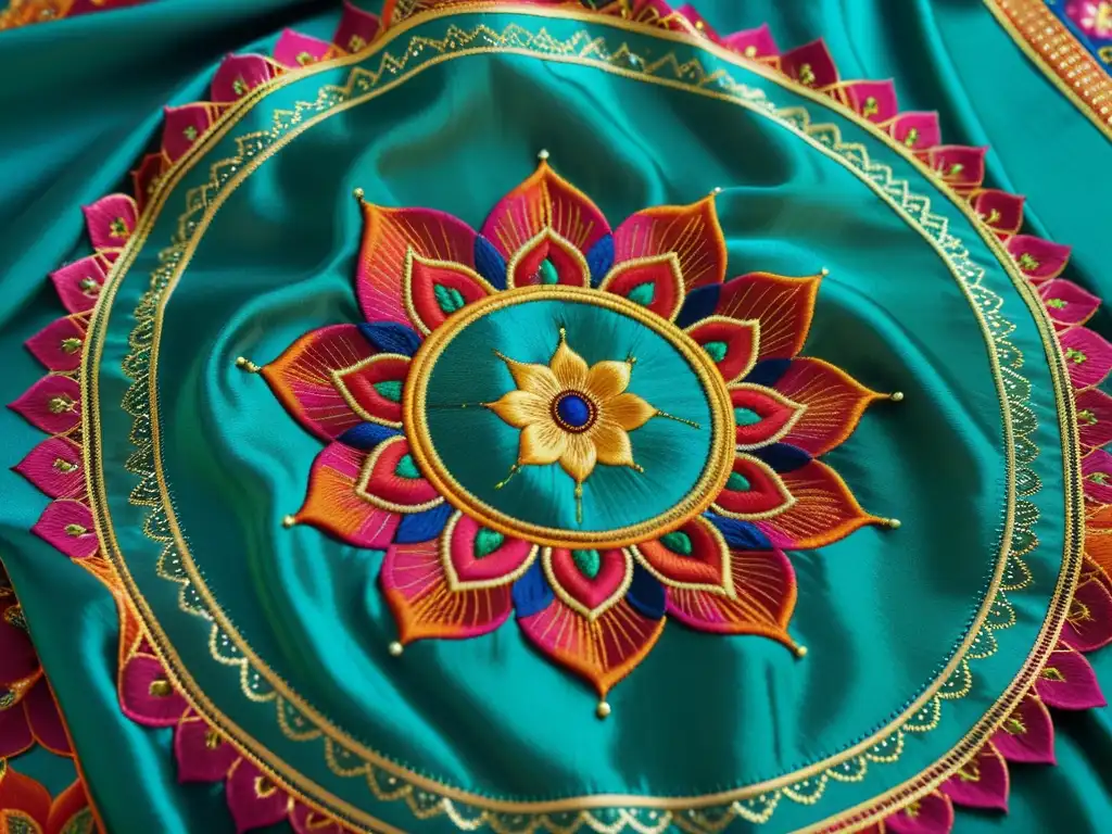 Detalle de un mandala bordado en seda, reflejando el significado de mandalas en la moda india contemporánea