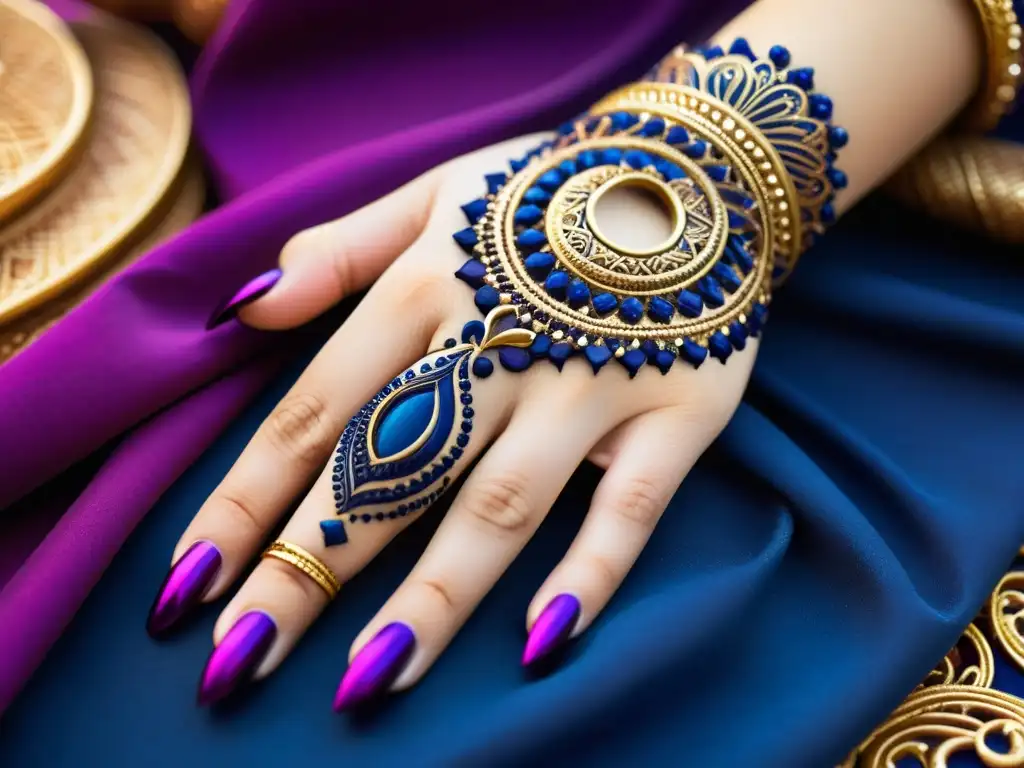 Manos adornadas con patrones modernos de henna en tonos vibrantes Detalle de manos bellamente adornadas con patrones de Henna contemporáneos en tonos indigo, magenta y oro
