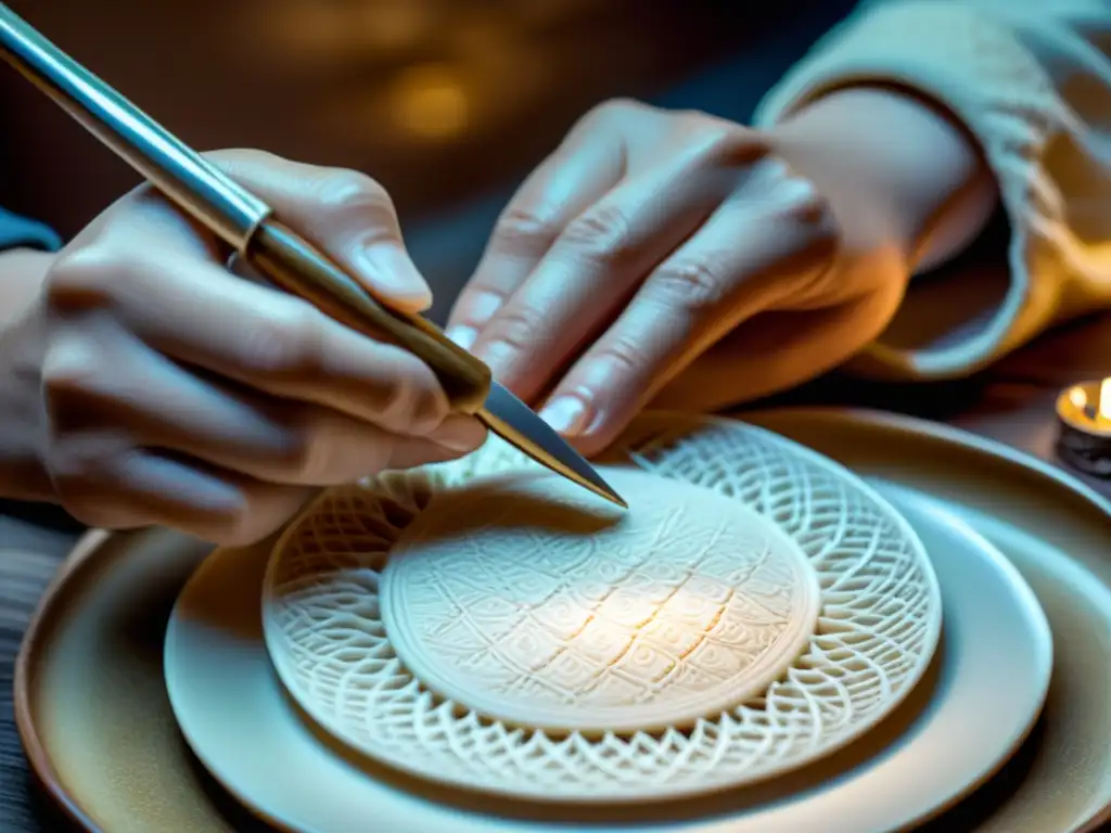 Detalle de manos expertas moldeando patrones en cerámica y porcelana, con atmósfera vintage y artesanía delicada