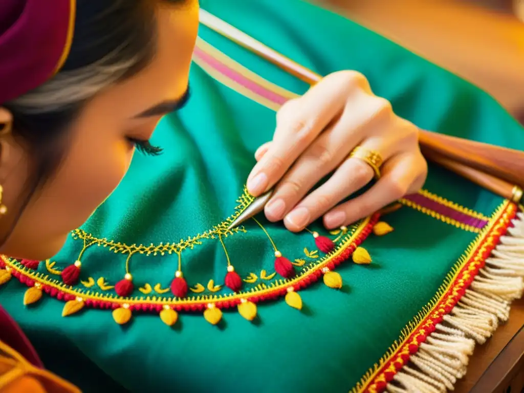 Detalle de manos bordando un patrón tradicional con hilos coloridos, en un ambiente cálido y nostálgico