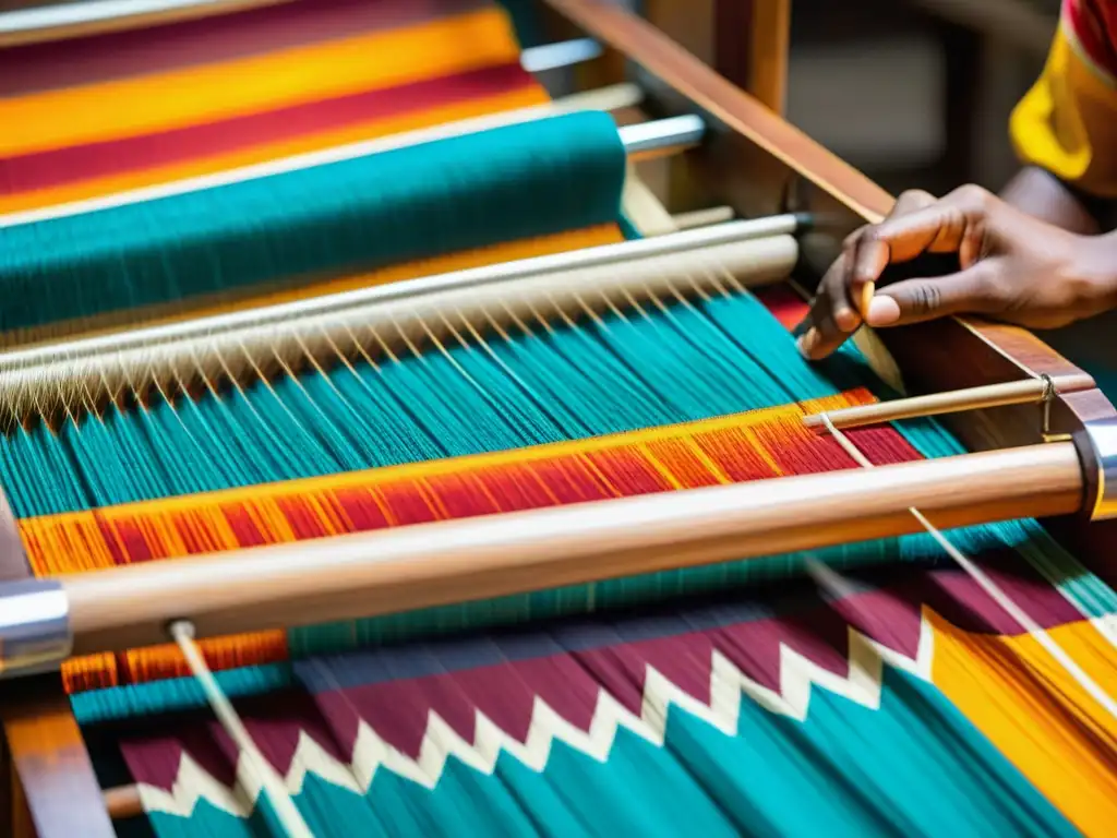 Tela de Ikat tejida a mano: tradición y arte Detalle de telar manual con tejido ikat tradicional de la India, mostrando historia, patrones y colores vibrantes de manera experta