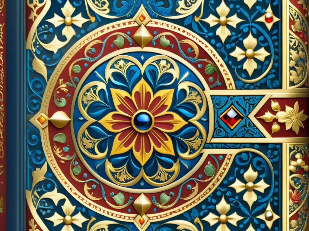 Detalle de un manuscrito medieval iluminado con patrones artísticos en vibrantes colores dorados, azules y rojos, evocando artesanía y tradición