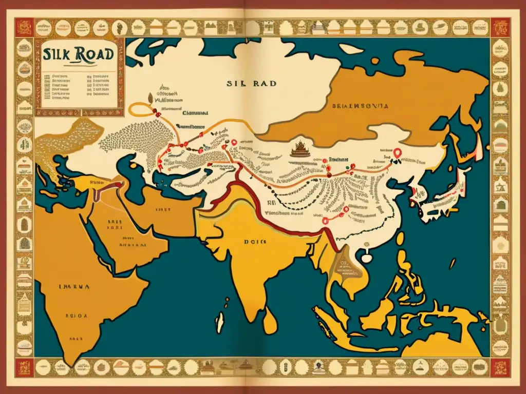 Detalle de un mapa vintage con patrones artísticos de la Ruta de la Seda, evocando la rica historia y herencia cultural de la antigua ruta comercial