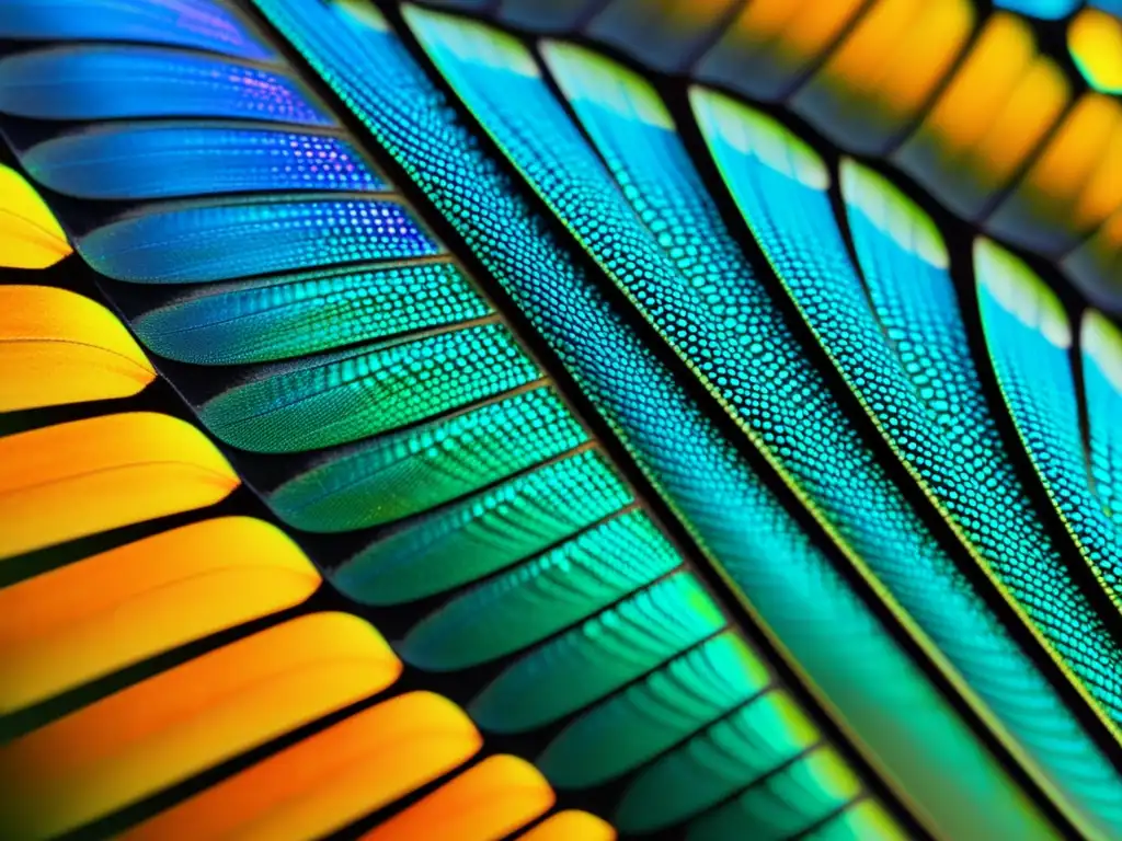 Alas de mariposa monarca: detalle fascinante Detalle microscópico de un ala de mariposa monarca, revelando patrones iridiscentes y colores vibrantes bajo la luz natural
