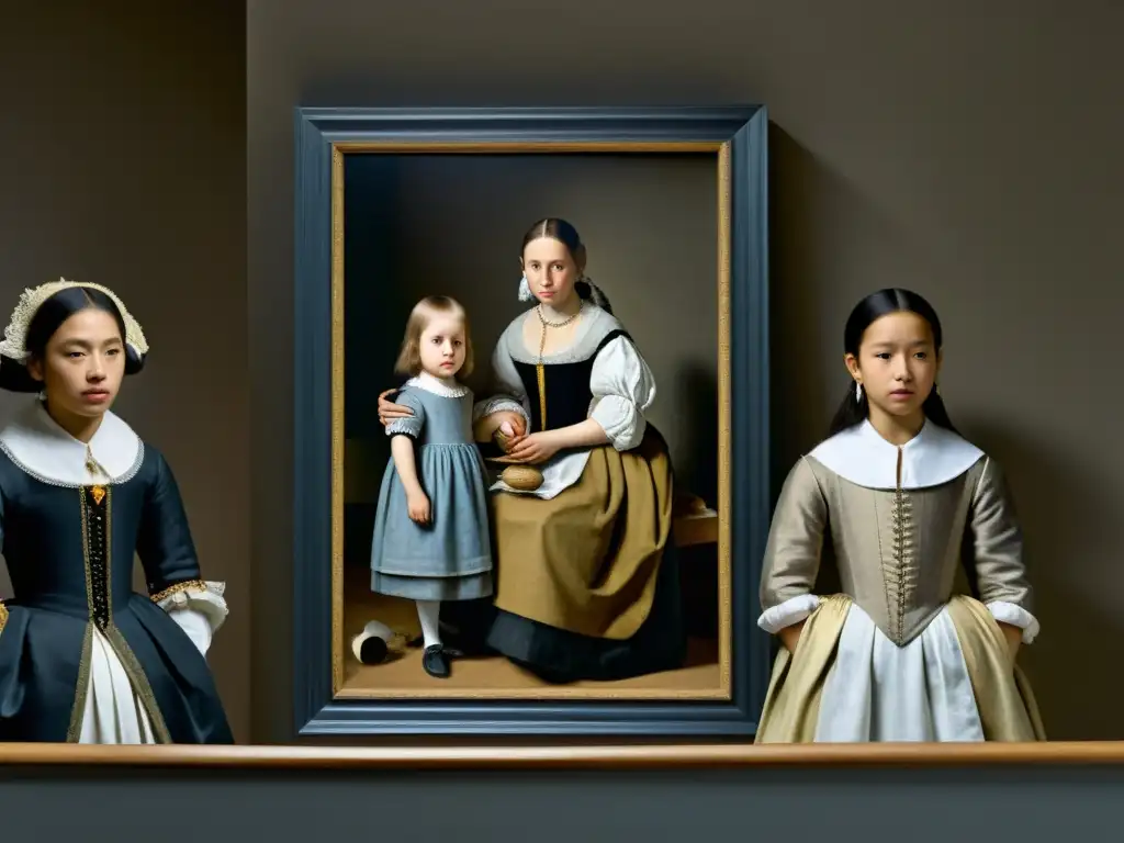 Detalle minucioso de Las Meninas de Diego Velázquez, con sus expresiones, juego de luces y sombras, y texturas ricas