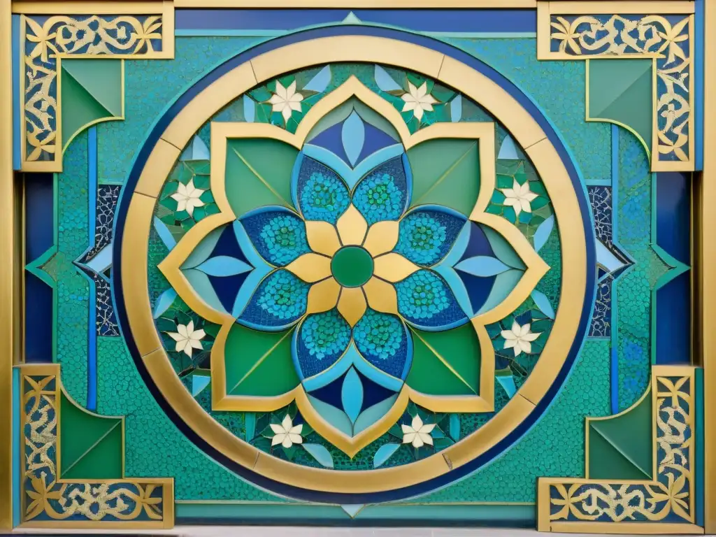 Detalle en mosaico de la Alhambra, con patrones islámicos en tonos vibrantes de azul, verde y oro