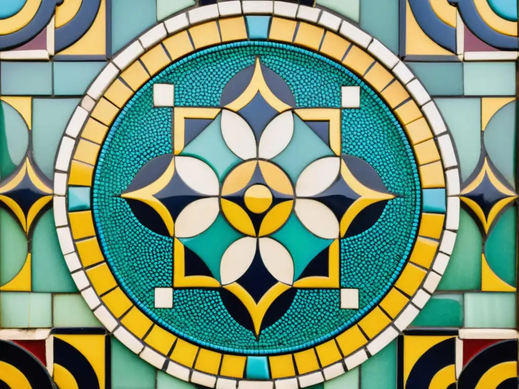 Detalle de un mosaico antiguo con patrones artísticos de culturas antiguas, destacando colores vibrantes y diseños geométricos