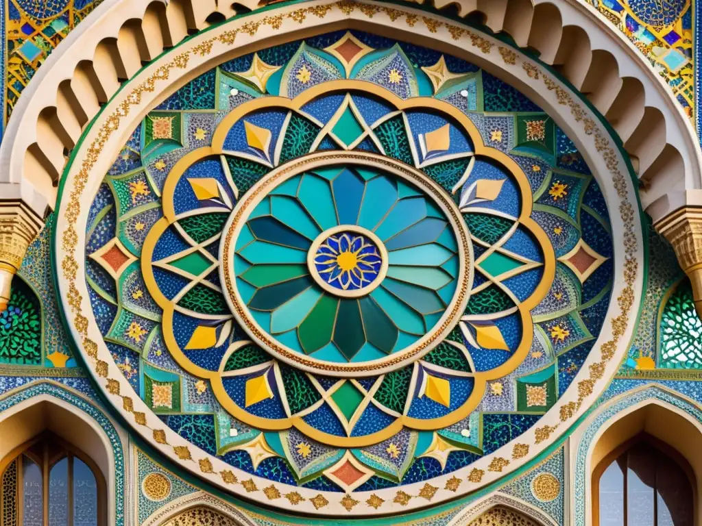 Mosaico islámico: Belleza y detalle en la arquitectura Detalle de mosaico en arquitectura islámica: un exquisito diseño vintage con motivos tradicionales, colores vibrantes y patrones geométricos