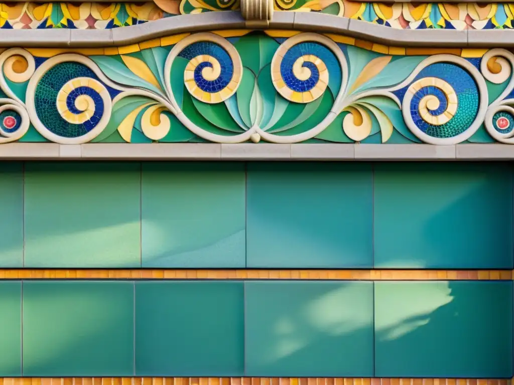 Detalle de mosaico Art Nouveau en Barcelona, con patrones artísticos del Art Nouveau en la fachada de un edificio histórico