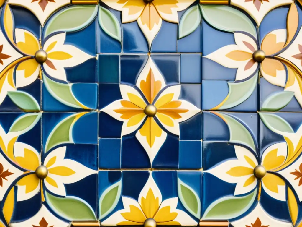 Detalle de un mosaico de azulejos con patrones decorativos arquitectura colonial en tonos cálidos y geométricos, iluminado por el sol