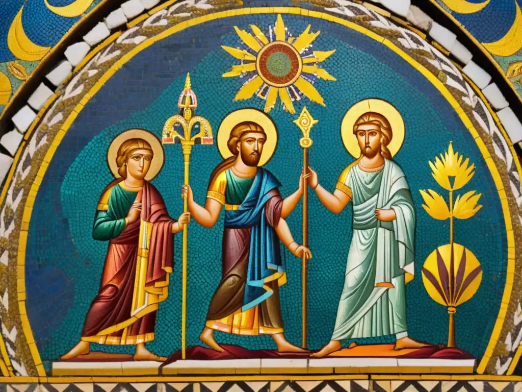 Arte bizantino: Mosaico milenario de dioses y diosas Detalle de mosaico bizantino con dioses y diosas