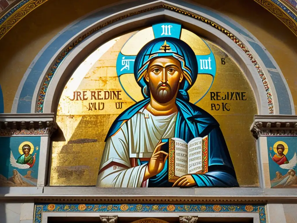 Mosaico bizantino: belleza sagrada Detalle de un mosaico bizantino con iconografía religiosa, patrones dorados y colores vibrantes sobre mármol envejecido y frescos desgastados