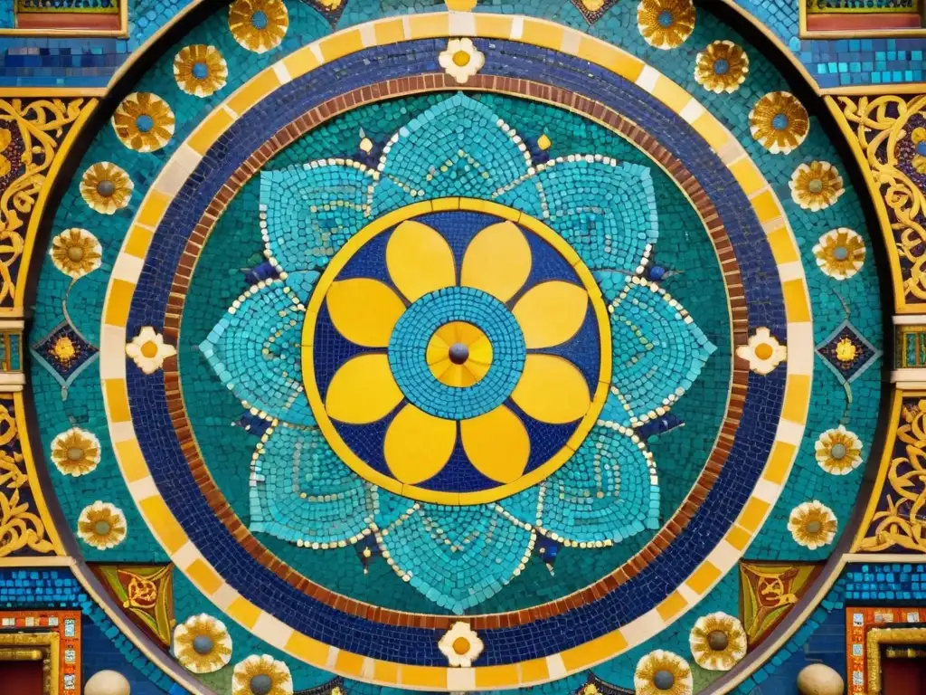 Detalle de mosaico bizantino con influencia de patrones orientales, vibrantes colores y diseños florales entrelazados