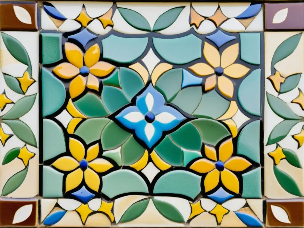 Detalle de mosaico trencadís modernismo catalán con colores terrosos y patrón floral, mostrando la artesanía y técnica trencadís