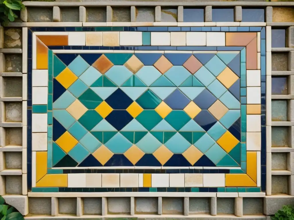 Detalle de mosaico geométrico romano con innovación en patrones de diseño arquitectónico, colores vibrantes y aspecto vintage