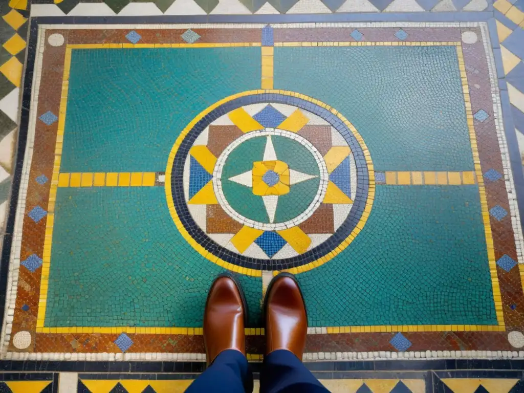 Detalle de mosaico romano con patrones geométricos y mitología en Villa Romana del Casale, España