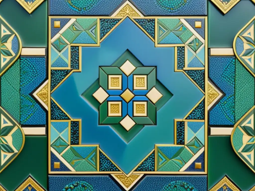 Detalle de un mosaico árabe tradicional en tonos azules, verdes y dorados, que destaca la importancia de los mosaicos árabes en el arte islámico