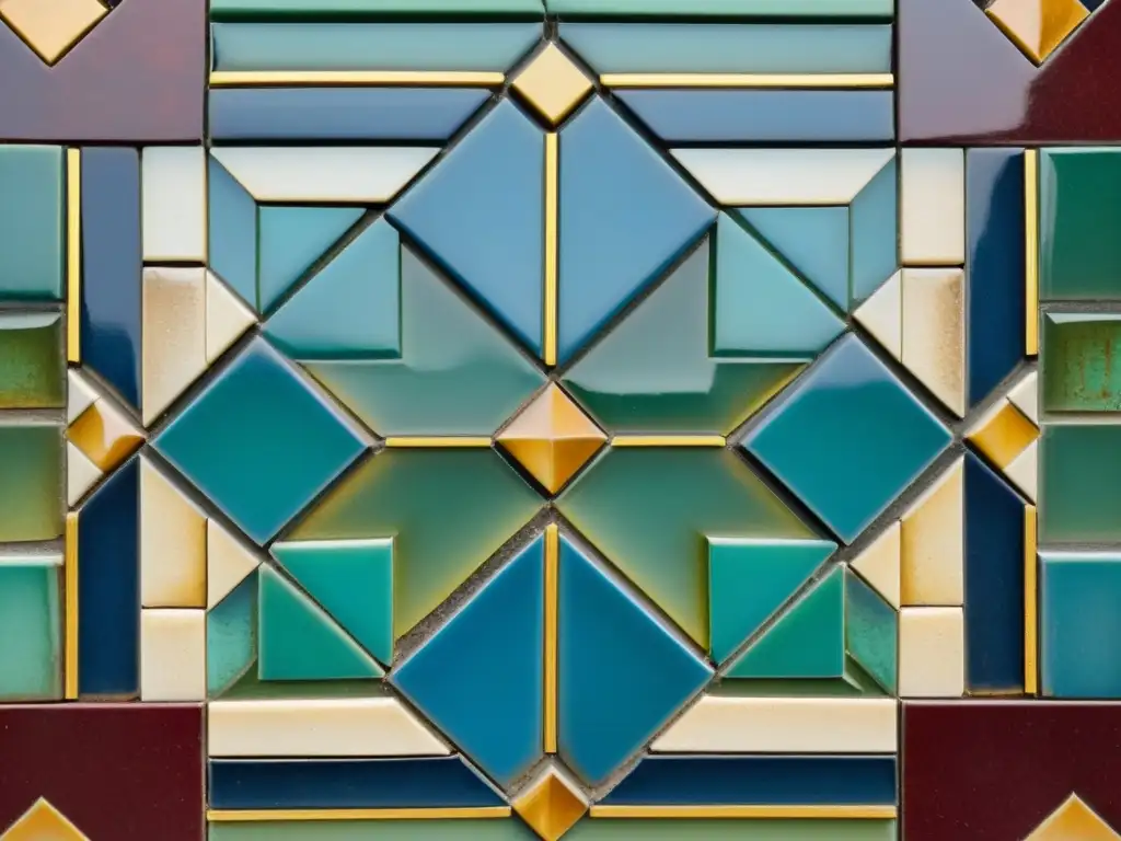 Detalle de un mosaico vintage con diseños geométricos en rojos, azules y verdes