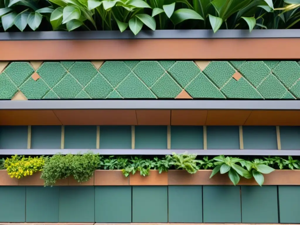 Detalle de un mosaico vintage en escultura urbana en Melbourne con patrones en tonos terracota, verde y ocre, iluminado por el sol