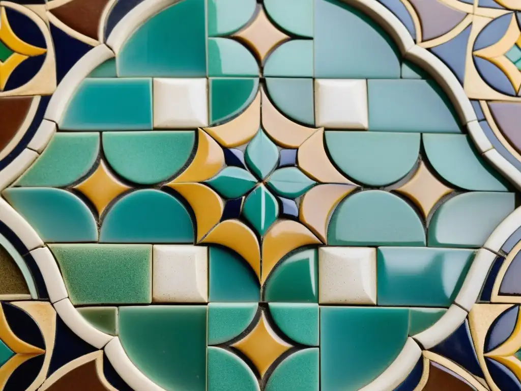 Detalle de un mosaico árabe vintage con patrones geométricos vibrantes y tonos terrosos, iluminado suavemente