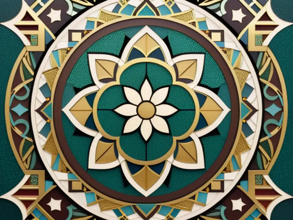 Detalle de un mosaico vintage con patrones geométricos en el Eid al-Fitr, en tonos terrosos y toques dorados, evocando tradición y riqueza cultural