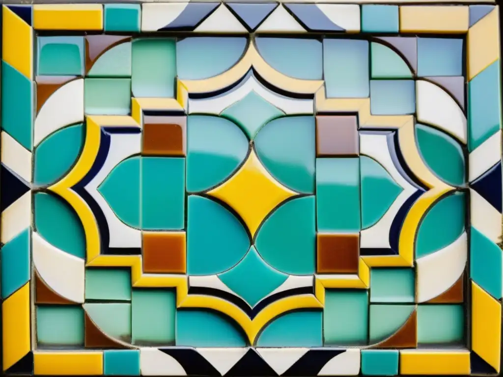 Detalle de un mosaico árabe vintage con patrones intrincados, colores vibrantes y diseño geométrico, evocando elegancia y riqueza cultural