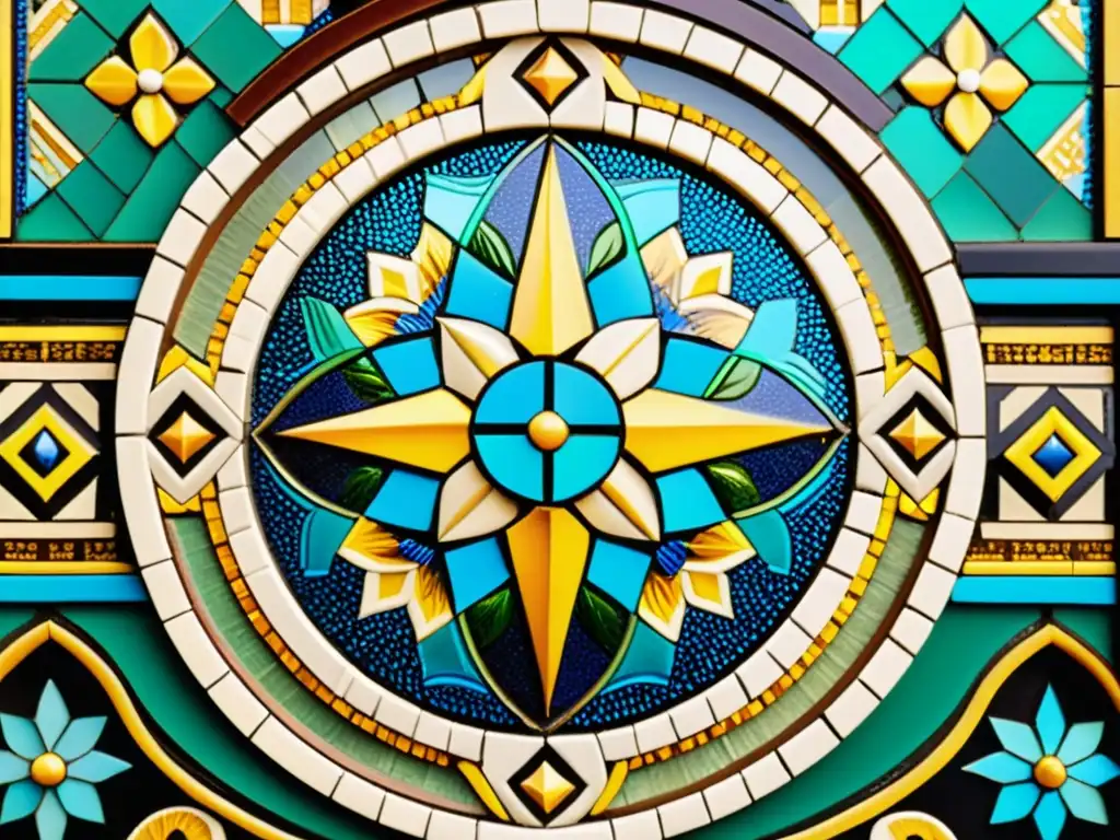 Detalle de mosaico vintage con patrones y colores vibrantes, reflejando la luz en diminutas teselas, mostrando escena de arquitectura y motivos culturales europeos