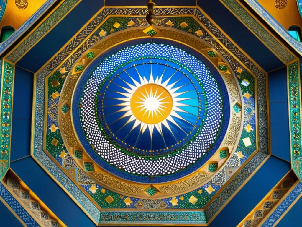 Mosaico impresionante en la Cúpula de la Roca: arte y luz Detalle de mosaicos en arquitectura islámica en el interior de la Cúpula de la Roca en Jerusalén, con intrincados patrones geométricos y colores vibrantes iluminados por la luz solar