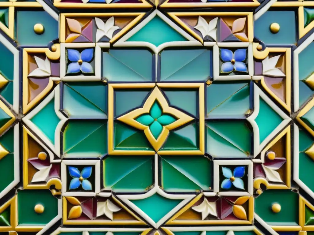 Detalle de mosaicos árabes en España: Patrón floral geométrico con azulejos vibrantes en la Alhambra, Granada