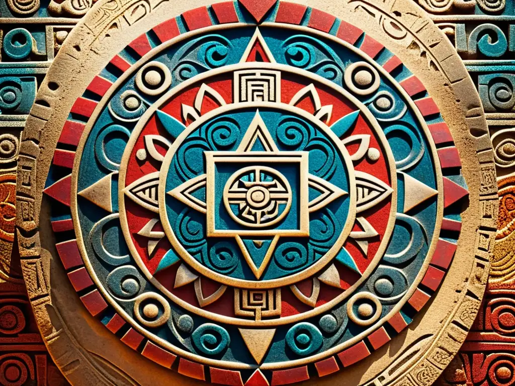 Detalle de impresión 3D de motivos aztecas en piedra antigua, evocando sabiduría ancestral y significado cultural